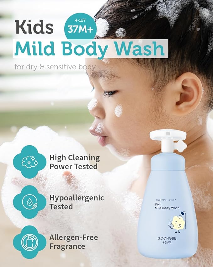 GOONGBE Kids Complete Body Care Set - Korean Low pH Body Wash & 24hr Moisturizing Lotion - Hydrating Formula with Panthenol, Amino Acids, Cica & Squalane - Allergen-Free Scent, 10.1 fl.oz & 2.7 fl.oz