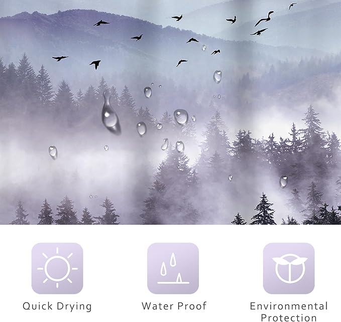 Riyidecor Purple Shower Curtain 72Wx96H Inch Extra Long Mountain Nature Woodland Scenery Park Scene View Foggy Pine Tree Alpine Cool Mens Bathroom Decor Fabric Polyester Waterproof 12 Pack Hooks