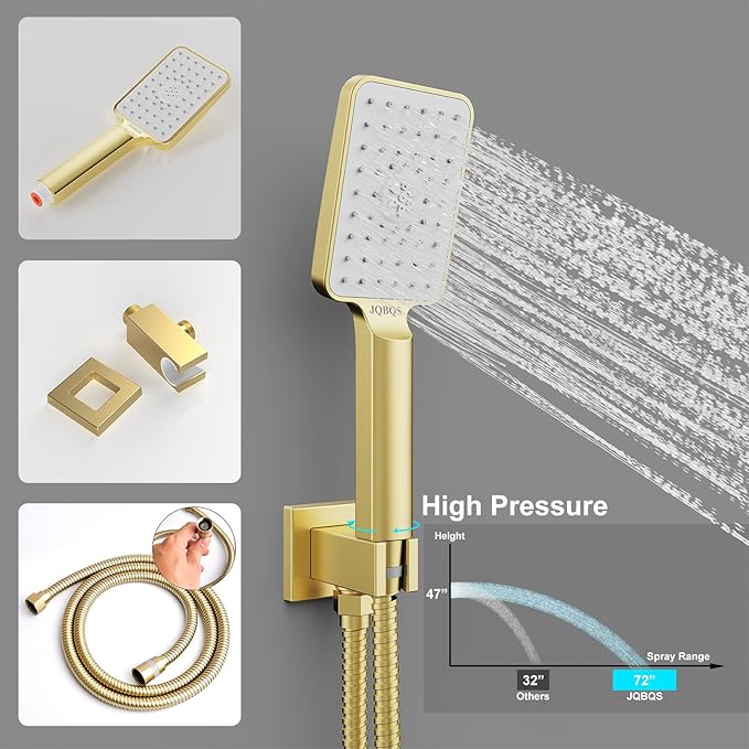 Shower System Modern Rain Brass Faucet Set With Valve and Diverter Shower Mixer With Handheld High Pressure Square Rainfall Shower Valve (12'' Wall Mount, Brushed Gold)