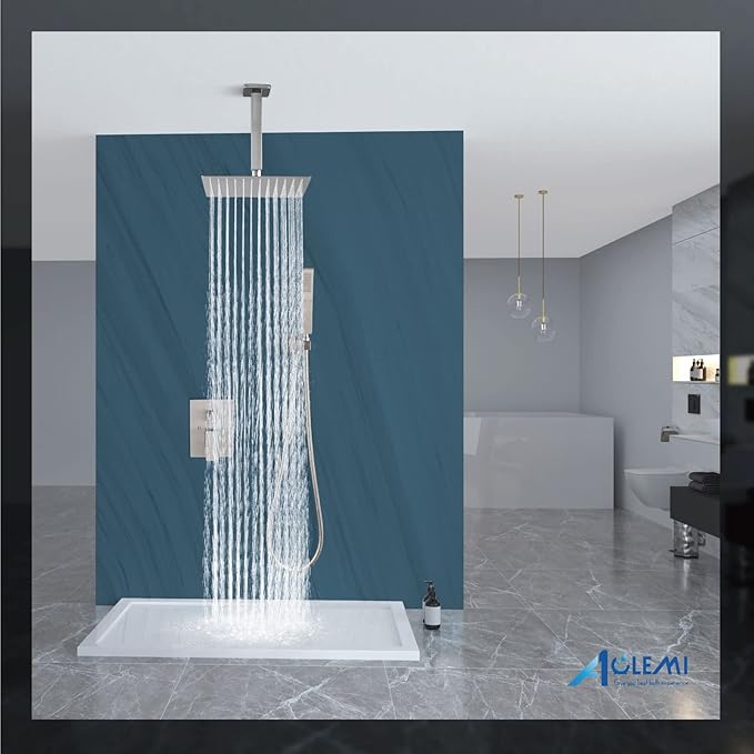 Aolemi Ceiling Mount Shower System Rain Shower Head with Handheld Spray High Pressure Shower Faucet Set Rough-in Valve Shower Trim Kit Included Bathroom Brushed Nickel 16 Inch Ceiling Shower Head
