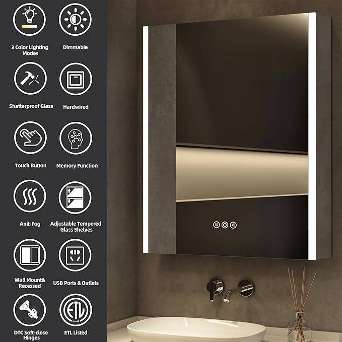 Medicine Cabinet with LED Lights and Mirror, 16 x 24 Inch Surface or Recessed Mounted Bathroom Cabinet with Door, Defogger, Memory Function, 3-Color Mode, Outlet&USB, Dimmer, Storage Shelf