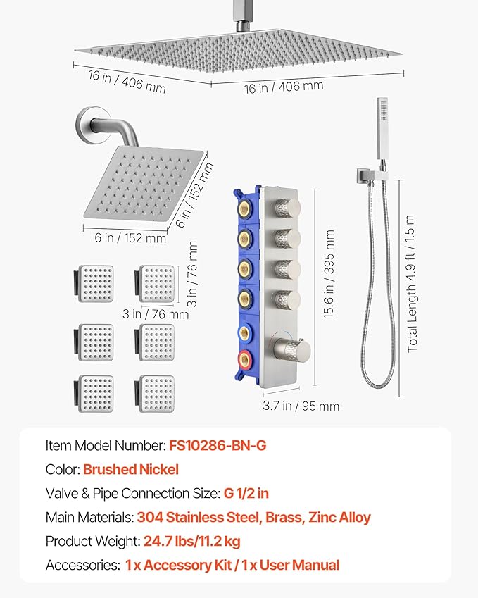 VEVOR Shower Faucet Set, 16 Inch Thermostatic Ceiling Mount Rainfall Shower System with 6 Inch Wall Mount Head, 6 Body Jets and Handheld Spray, Dual Rain Head Brass Valve and Trim Kit, Brushed Nickel