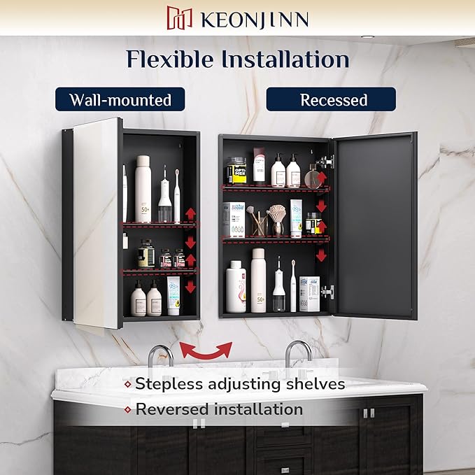 Keonjinn 48 x 32 Inch Oversized Medicine Cabinet for Bathroom with Mirror, Assembly Required, Black Aluminum Structure, Free Adjustable Shelves, Combined Recessed or Surface Mount Wall Cabinet