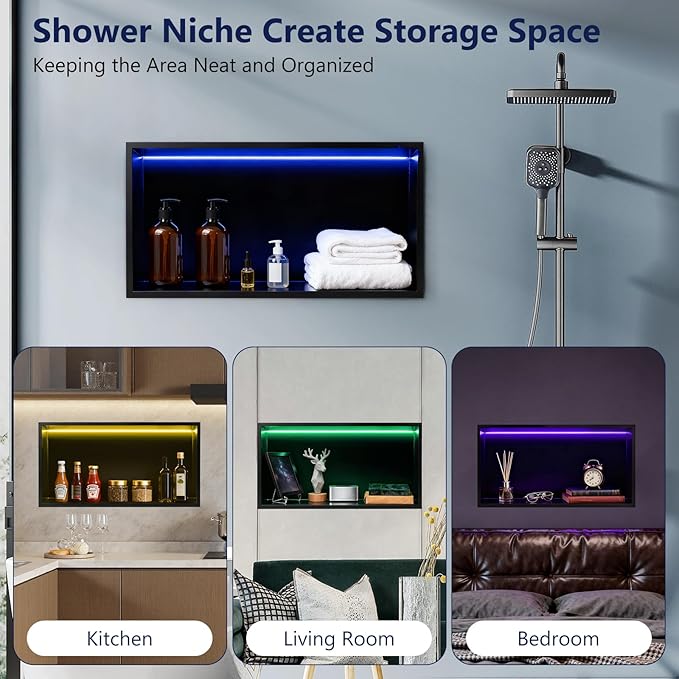 24" X 12" RGB LED Shower Niche No Tile Needed, 304 Stainless Steel Shower Niche Insert Tile Ready, Recessed Wall Shelf for Bathroom Storage Organizer with Remote Control, Matte Black