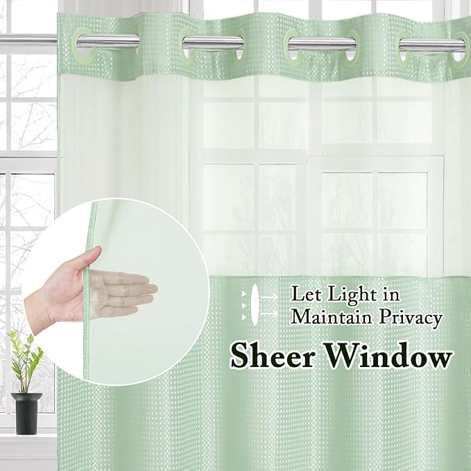 Gibelle Extra Long Shower Curtain 72x86, Waffle Weave Bathroom Shower Curtain with Snap-in Fabric Liner Set, No Hooks Needed, Hotel Style with Mesh Top Window, Mint Green