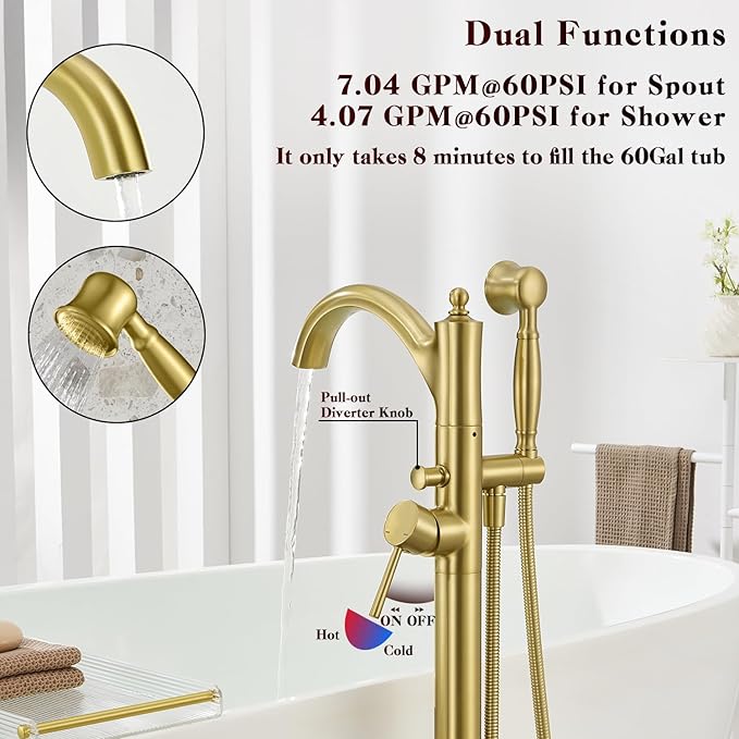Free Standing Tub Faucet, High Flow Rate Brushed Light Gold Classic Freestanding Tub Faucets with Hand Shower Brass Floor Mount Tub Filler （WT-9002BGZZ）