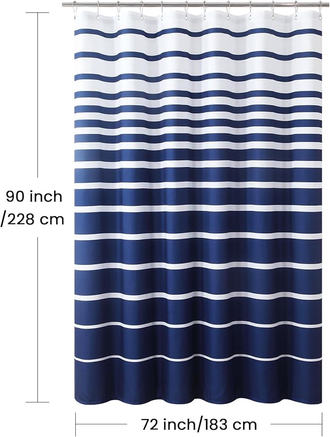 90 Inch Blue Shower Curtain, Extra Long Modern Navy Blue and White Stripe Waterproof Polyester Shower Curtains for Bathroom, 72x90 Inches