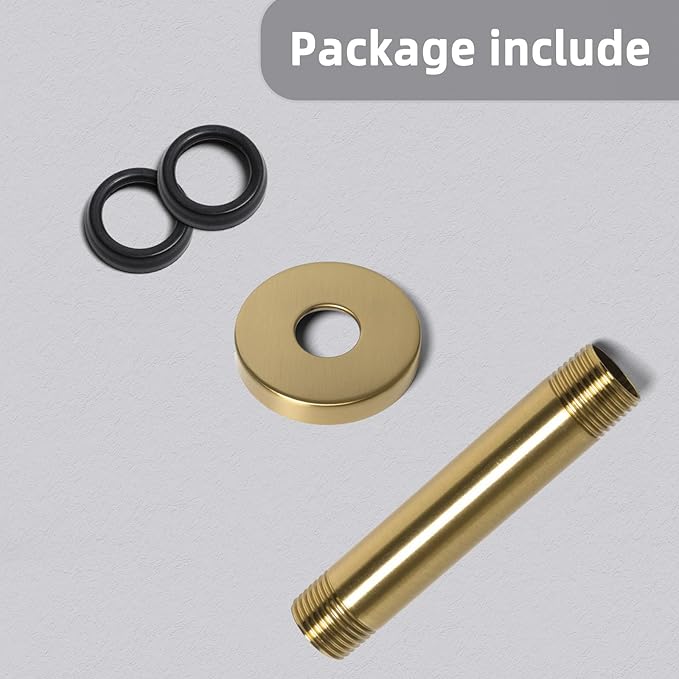 4 Inch Shower Arm with Flange, Ceiling Mounted Shower Head Extension Arm, 1/2 NPT Straight Arm for Rain Shower Head, Stainless Steel Shower Head Extension Replacement Pipe Arm, Brusheed Gold
