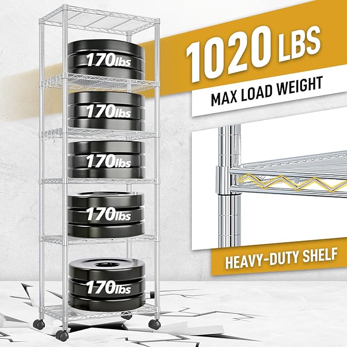 6 Tier Storage Racks Shelving, Heavy Steel Pantry Shelves, Adjustable Wire Shelving Rack with Wheels, Suitable for Garage, Kitchens, Offices, 24" W x 14" D x 72" H, Grey Silver