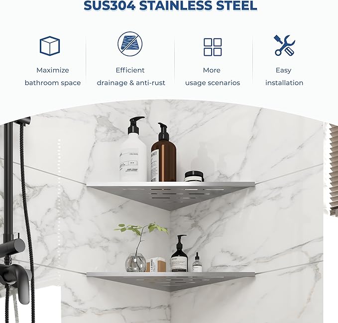 FerdY 2-Pack 10" Brushed Nickel Recessed Corner Shower Shelf, for Tiled Bathroom Walls, 304 Stainless Steel Floating Shelf, Shower Caddy Storage Shelves, No Drilling Required, Striped Triangle