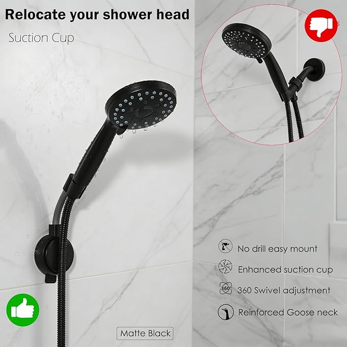 Suction Cup Handheld Shower Head Holder - Reusable - 360 Swivel Adjustable (Matt Black)