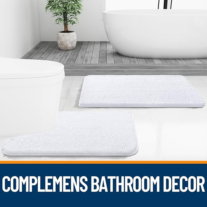 OLANLY Bathroom Rugs Sets 2 Piece, Soft Absorbent Chenille Bath Mats and U-Shaped Contour Toilet Mat Area Rug Set, Machine Washable Bath Carpet, Home Decor Accessories(36"x24"+24"x20", White)