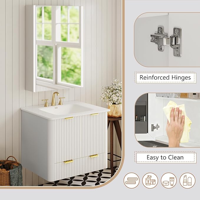 Lighted Bathroom Medicine Cabinet with Mirror，20 x 28 Inch Wall-Mounted Bathroom Wall Cabinet with Storage, LED Lights, Adjustable Shelves,White