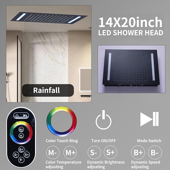 Temperature Display Shower Faucet Set Matte Black Shower System with Body Jets, with 14X20 inch Ceiling Mount Shower Head and Handheld Spray
