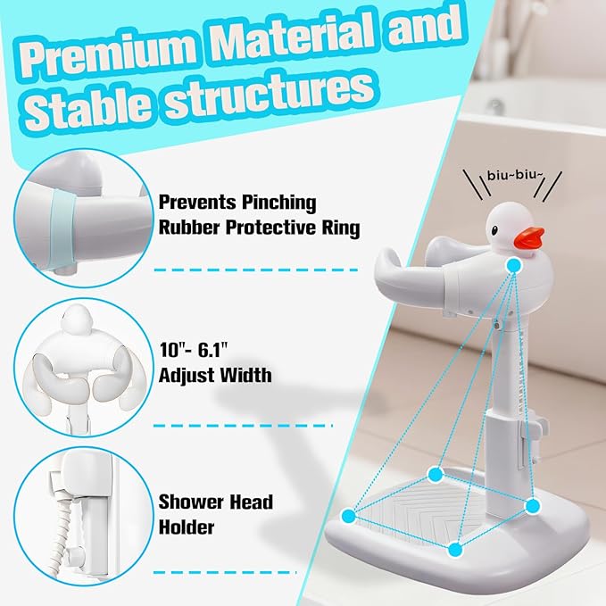 Adjustable Baby Shower Stand Support - Safety & Non-Slip Baby Bath Stand, Toddler Shower Stand for Infants 6-36 Months, Standing Bathtub Max 55 Lbs Capacity, Includes Shower Cap and Stool(Grey)