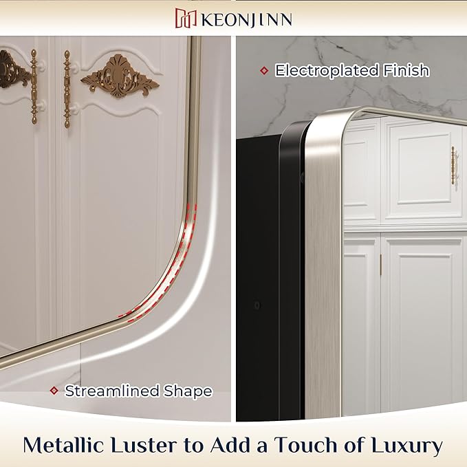 Keonjinn Brushed Nickel Medicine Cabinet for Bathroom, 16 x 24 Inch Medicine Cabinet with Mirror, Silver Stainless Steel Framed, Adjustable Shelves, Recessed or Wall Mount, Sturdy, Rounded Rectangle