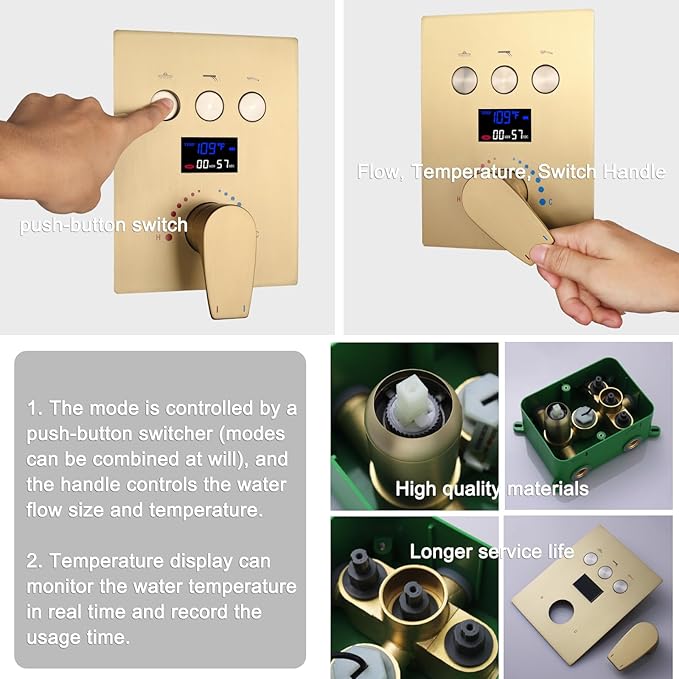 Brushed Gold Shower System with 12 inch Ceiling Mounted Shower Head and Handheld Shower, 4 PCS Body Jet, with Digital Temperature Display Function