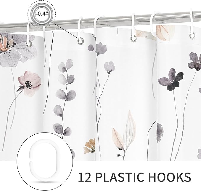 Gibelle Watercolor Floral Shower Curtain 72x72 Inch, Charcoal Grey Beige Flower Modern Minimalist Fabric Bathroom Decorative