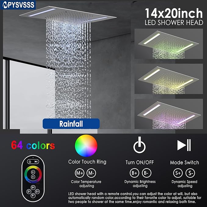 Thermostatic Shower System with 14x20 Inch Ceiling Mount LED Head & 6 Inch Wall Head and Handheld Shower 4 Function Vale with body jets Can All Run Together,Brushed Nickel