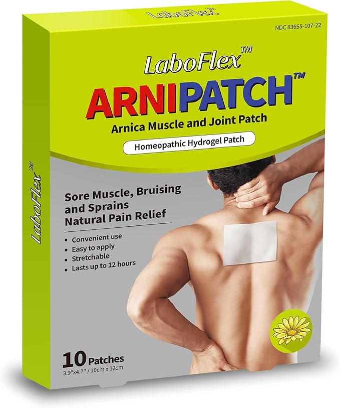 Arnica Hydrogel Pain Relief Patches | Natural Relief for Muscle, Joint, Bruises & Swelling | Flexible, Non-Greasy & Long-Lasting | Great for Back, Knee & Neck Pain (3.9"x4.7", 10, Count)