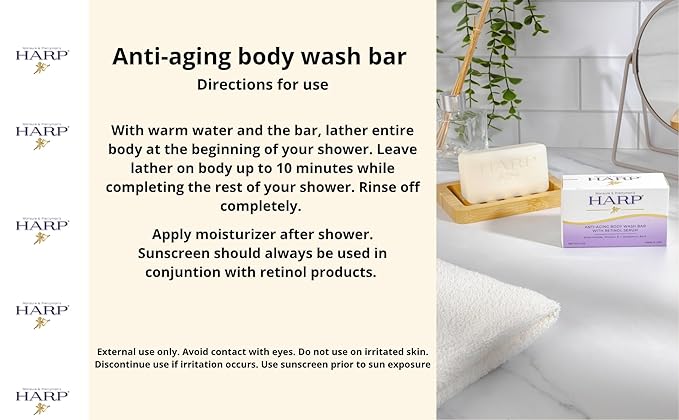 HARP Anti-Aging Body Wash Bar With Retinol + Niacinamide, Vitamin E, Hyaluronic Acid. 100% Syndet Base. Soap/Lye/Dyes and preservative-free. Non-comedogenic. FRAGRANCE FREE. 5oz