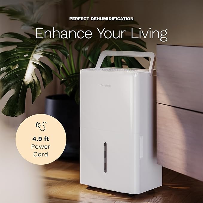 hOmeLabs Dehumidifier - Advanced Humidity & Moisture Control, Quiet, Efficient, Auto Shut-off, Ideal for Home, Basement, Office - 3,500 Sq Ft Wi-Fi (25 Pint MAX 64 Pint at 95°F, 90% RH)