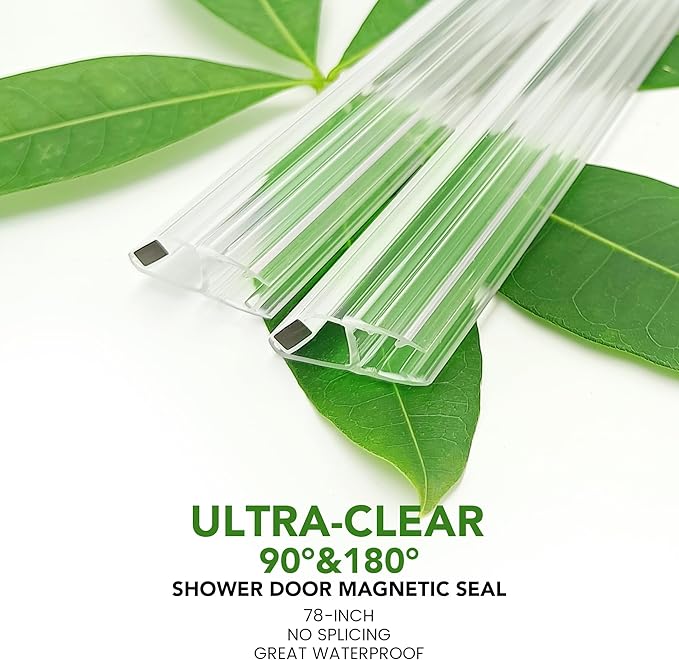 Bathroom Shower Glass Door Side Seal Strips, Length 78 Inch 2PCS Transparent PVC Door Side Seall Strips with Magnetic Stripe for 3/8" (10MM) Thick Framless Glass Panel