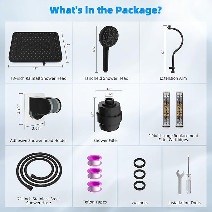 Hibbent Upgraded 5-spray 13'' Dual Filtered Rainfall Shower Head Combo, High Pressure 10-setting Handheld Shower Head with 12'' Adjustable Extension Arm, 20 Stage Shower Filter, 71'' Hose, Matte Black