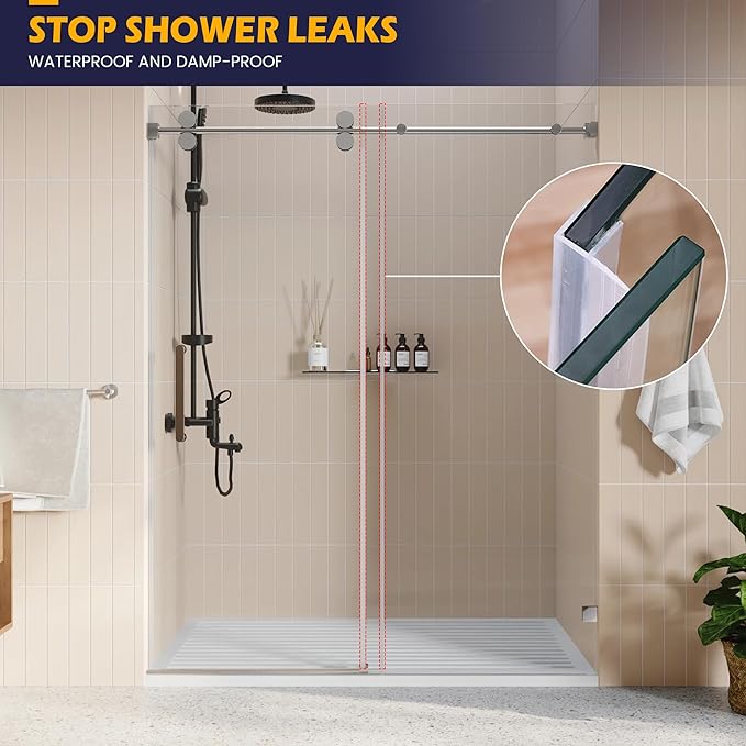 Shower Glass Door Side Seal, 2PCS 78 Inch Ultra Clear PVC Seal Strip with Long Sweep for 3/8"(10mm) Thick Framless Glass Door, to Stop Water Leakage