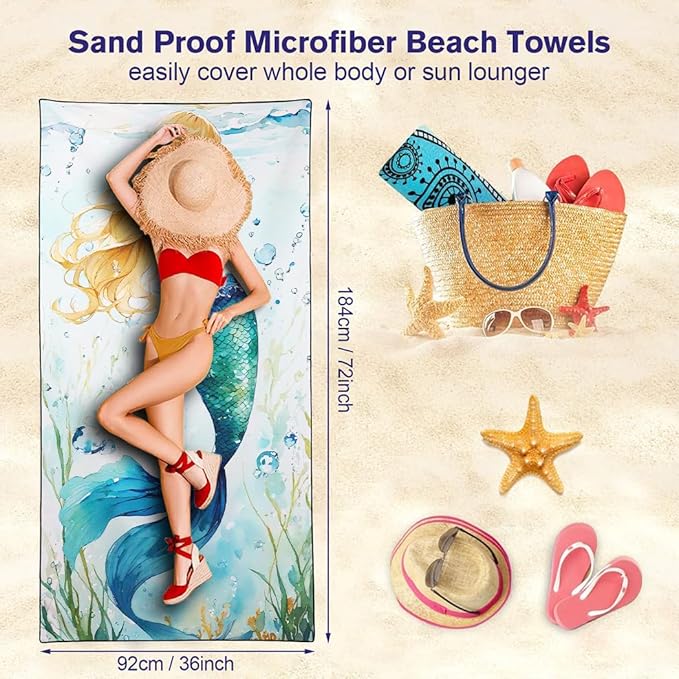 Blue-Green Scallop Mermaid Tail Beach Towel 36"x72" Golden Highlights Quick Dry Microfiber Swim Gear