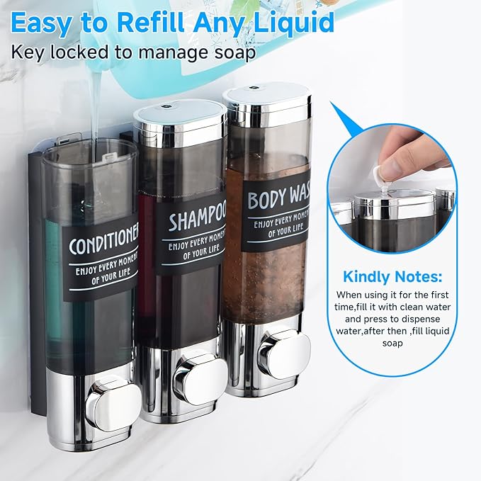 Shampoo and Conditioner Dispenser,GlintGath Shower Dispenser 3 Chamber No Drill Shampoo Dispenser for Shower Wall Mounted Shower Soap Dispenser for Bathroom Hotel,3 * 300ML,Chrome