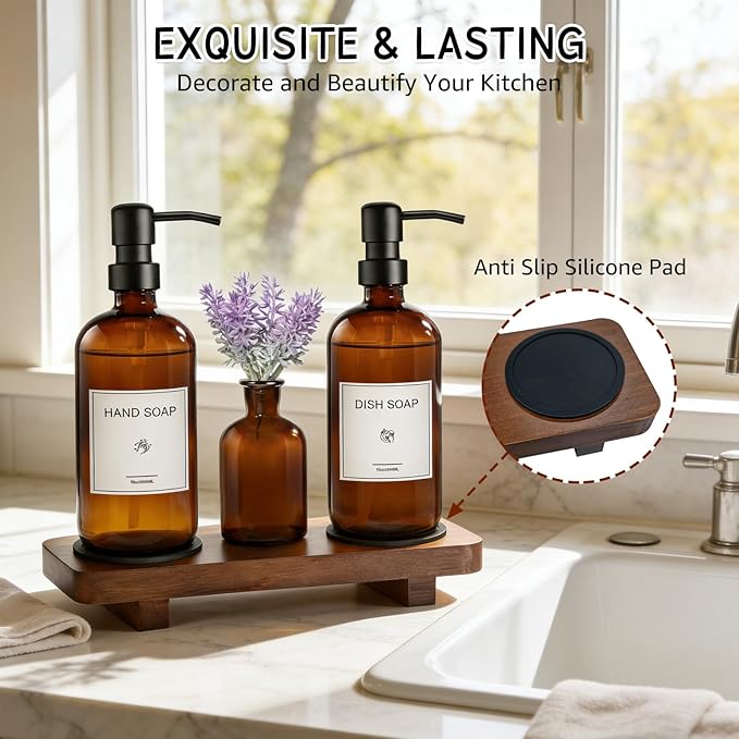 KEYWING Kitchen Soap Dispenser Set with Wood Tray, 16oz Amber Glass Soap Dispensers with Stainless Steel Pumps, Hand and Dish Soap Dispenser Set for Kitchen, Soap and Lotion Dispenser Set for Bathroom