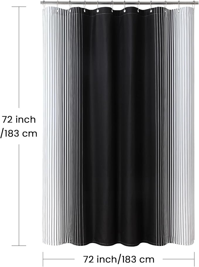 Black Shower Curtain, Modern Black and White Gradient Vertical Stripe Waterproof Polyester Shower Curtains for Bathroom, 72x72 Inches