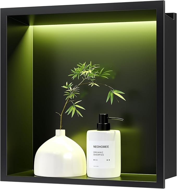 RGB LED Light Shower Niche, Matte Black 12X12 in Stainless Steel Recessed Storage with Remote Control, Waterproof No Tile Needed Wall Niche for Bathroom Storage Built-in Installation