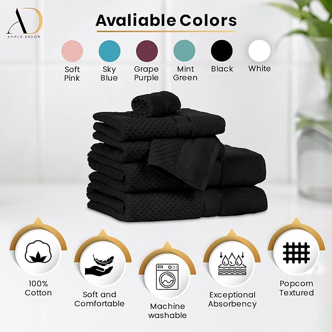 Ample Decor Wash Cloth Set of 5 100% Cotton - Popcorn Textured - Mulaayam Collection - Black 12 X 12 Inch