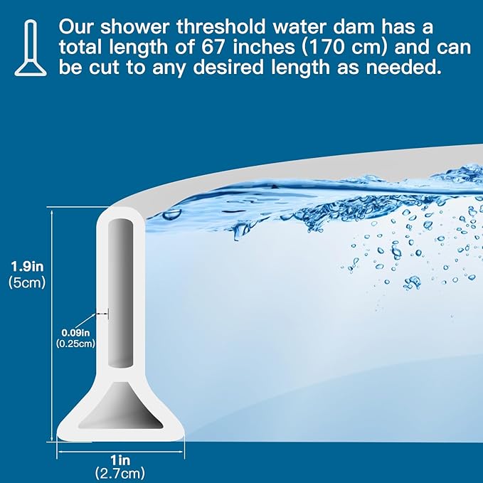 1.96'' High Shower Threshold Water Dam Collapsible 67IN Shower Water Splash Guard for Shower Water Blocker for Wet and Dry Separation Bathroom and Kitchen (67 Inch)