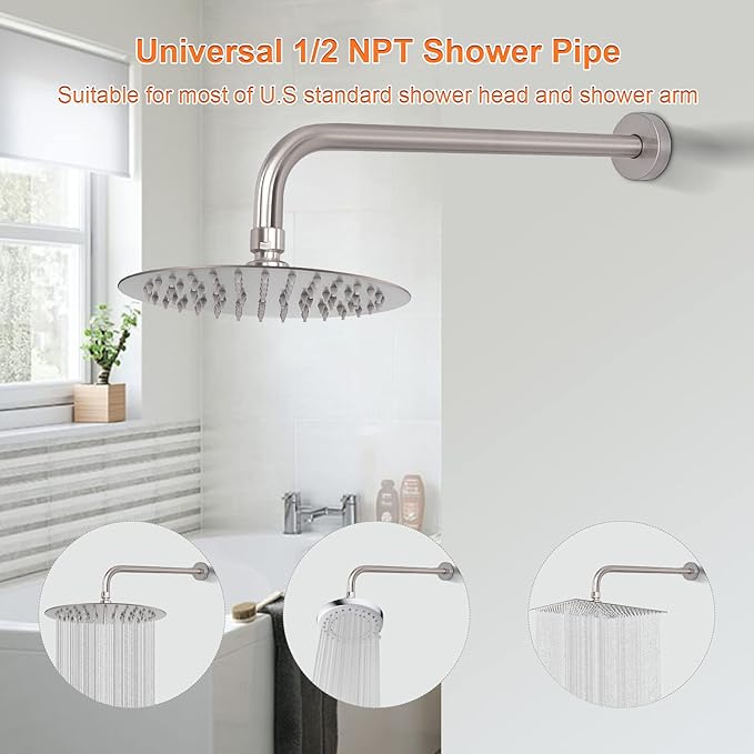 HarJue Shower Arm with Flange and Teflon Tape, Wall Mounted Shower Pipe 304 Stainless Steel Extension Arm for Fixed Shower Head & Handheld (15 Inch, Brushed Nickel)