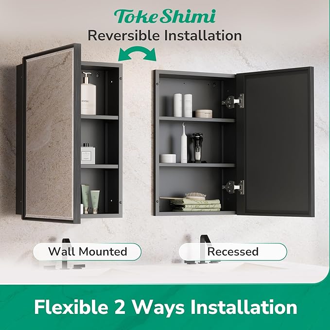 TokeShimi 24x30 Recessed Medicine Cabinet with Mirror Wall Mounted, Metal Beveled Mirror with Storage for Bathroom Vanity, Aluminum Alloy Medicine Cabinet Mirrored Black