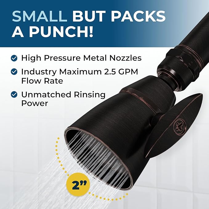 HammerHead Showers® Solid Metal 2 Inch High Pressure Shower Heads - OIL RUBBED BRONZE – 2.5 GPM Shower Heads High Pressure - High Flow Shower Head with ADJUSTABLE SPRAY PATTERN - Fixed Shower Head