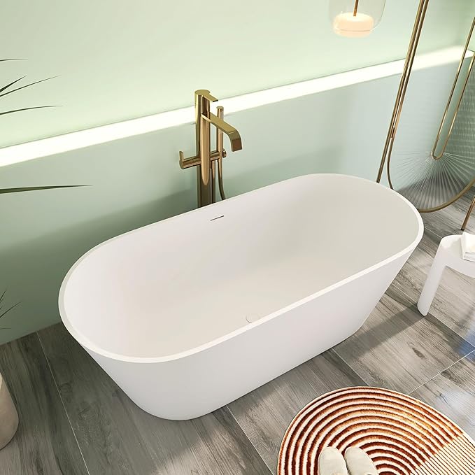 67" Premium Solid Surface Freestanding Bathtub, Upgraded Oval Stone Resin Soaking Tub with Overflow and Pop-up Drain, Matte White
