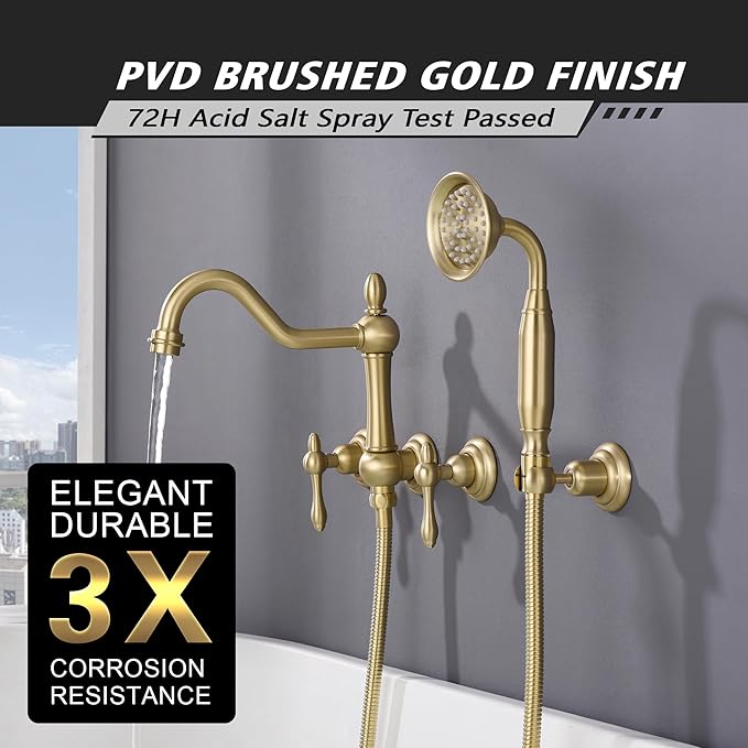 SUMERAIN Wall Mount Tub Faucet with Hand Shower, Brushed Gold Traditional Style Bathtub Faucet, Rough-in Valve Included