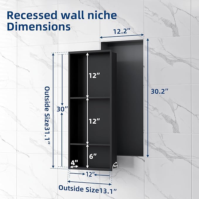 Neodrain 12X30 Inch Matte Black 3-Tier Stainless Steel Shower Niche, NO Tile Needed Recessed Wall Niche Shelf for Bathroom Storage Cabinet