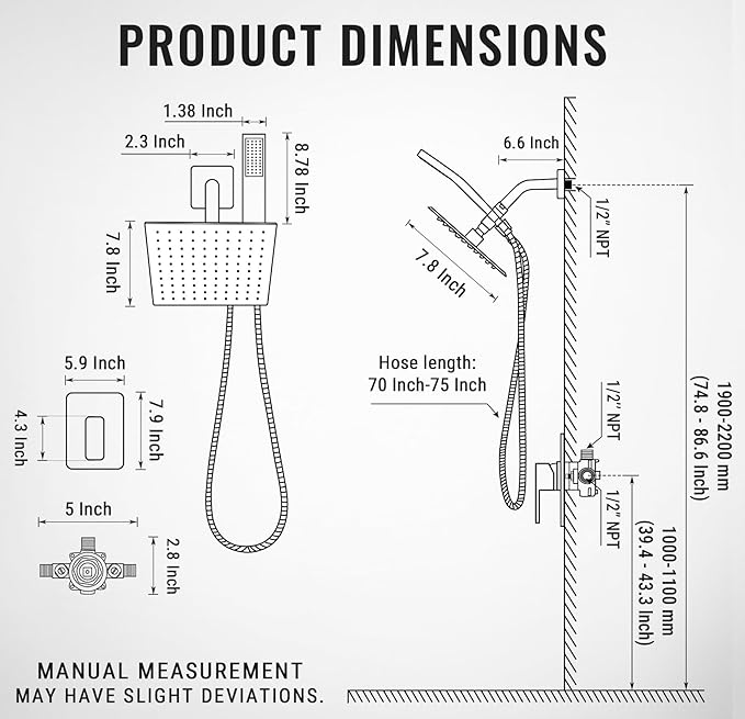All Metal Shower Faucet Set, Dual Square Shower Head System with Handheld Wand, Diverter, Hose Complete Combo, Pressure Balance Rough-in Valve Included(Brushed Nickel)