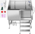 50" Stainless Steel Dog Washing Station, Pet Grooming Tub with Hot/Cold Faucet & Showerhead, Non-Slip Stairs for Small/Medium Dogs & Cats