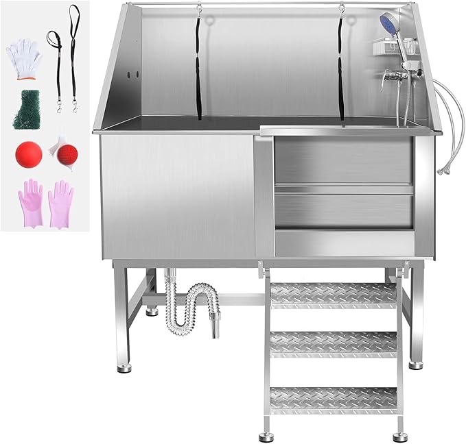 50 Inch Stainless Steel Dog Washing Station, Professional Grooming Tub with Stairs for Large Dogs, Home Bathtub for Pets with Hot & Cold Faucet