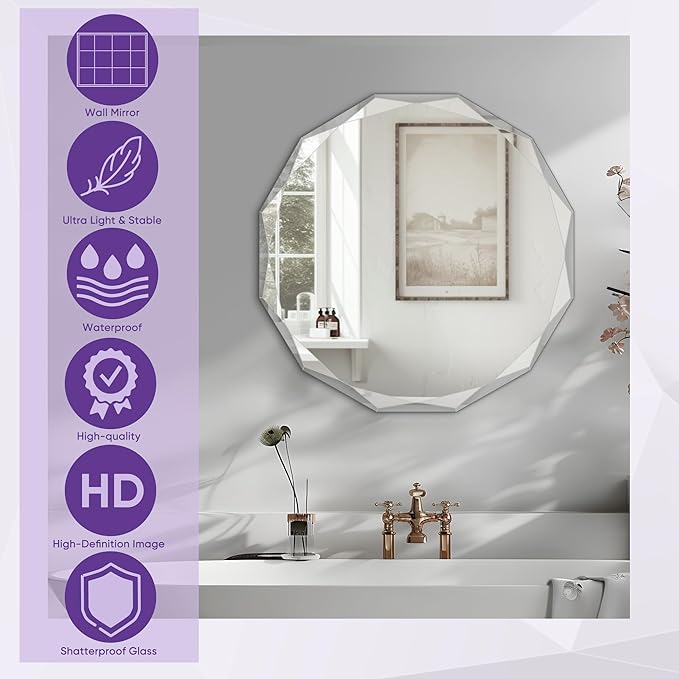Bathroom Mirror for Wall, 20" x 20" Oval Bathroom Vanity Mirror, Beveled Edge Frameless Wall Mount Vanity Mirror, Wall Decorative Irregular Beveled Edge