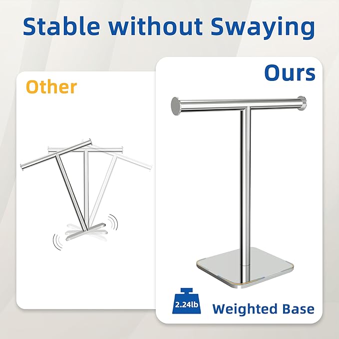 RUACQ T-Shape Hand Towel Holder Stand, Weighted Base Towel Rack, Countertop Towel Holder for Bathroom, 304 Stainless Steel, Heavy Duty (Chrome)