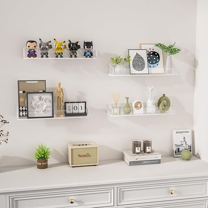 4PCS Acrylic Floating Shelves for Wall, 15" Clear Acrylic Shelves, Bathroom Shelf with Two Types of Installation, Space Saving Hanging Wall Shelf for Bathroom, Living Room, Bedroom, Kitchen