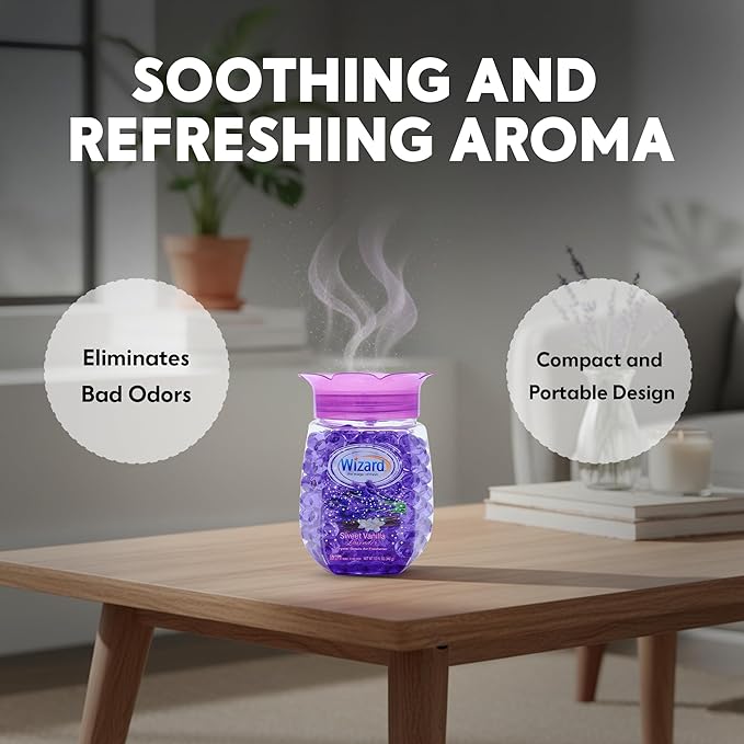 12 WIZARD Odor Eliminator Gel Beads - 12 oz, Air Freshners For Bathroom. Rooms, Per Areas and Car Freshner - Sweet Vanilla Lavender