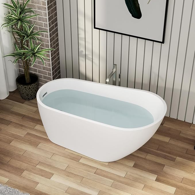 Mocoloo Freestanding Bathtub - 59 Inch Acrylic Stand Alone Soaking Bath Tub for Bathroom with a Right Overflow and Drain